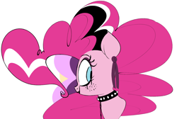 Size: 1280x859 | Tagged: safe, artist:hattsy, imported from derpibooru, pinkie pie, earth pony, pony, black lipstick, bust, choker, ear piercing, earring, eyeliner, female, goth, gothic pinkie, jewelry, lipstick, looking back, makeup, piercing, pinkie pie's boutique, simple background, solo, spiked choker, white background