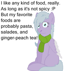 Size: 668x738 | Tagged: safe, artist:zephyr!, imported from derpibooru, oc, oc only, oc:lilac breeze, pegasus, pony, ask lilac breeze, clothes, female, scarf, simple background, sitting, solo, talking, talking to viewer, white background