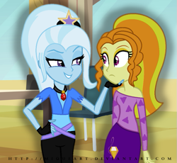 Size: 613x563 | Tagged: safe, artist:miqueart, imported from derpibooru, adagio dazzle, trixie, equestria girls, alternate universe, female, gem, lesbian, role reversal, shipping, siren gem, triagio