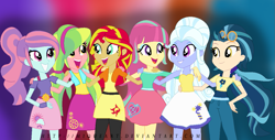 Size: 1175x598 | Tagged: safe, artist:miqueart, imported from derpibooru, indigo zap, lemon zest, sour sweet, sugarcoat, sunny flare, sunset shimmer, equestria girls, alternate universe, shadow five