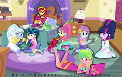 Size: 1000x630 | Tagged: safe, artist:miqueart, imported from derpibooru, indigo zap, lemon zest, sci-twi, sour sweet, sugarcoat, sunny flare, sunset shimmer, twilight sparkle, equestria girls, alternate universe, clothes, nightgown, pajamas, shadow six, sleepover, slippers, slumber party, socks