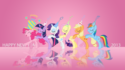 Size: 1920x1080 | Tagged: safe, artist:bluedragonhans, artist:emedina13, edit, imported from derpibooru, applejack, fluttershy, pinkie pie, rainbow dash, rarity, twilight sparkle, 2013, butt touch, conga, happy new year, holiday, hoof on butt, mane six, wallpaper, wallpaper edit