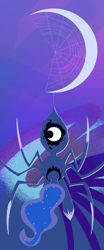 Size: 799x1920 | Tagged: safe, artist:her majestys monsters, imported from derpibooru, princess luna, monster pony, original species, spiderpony, crescent moon, female, moon, solo, species swap, spider web, spiderluna (species swap), tangible heavenly object