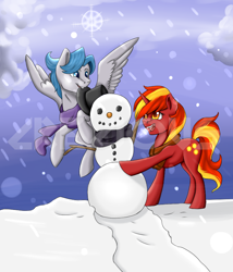 Size: 700x818 | Tagged: safe, artist:crecious, imported from derpibooru, oc, oc only, oc:silver herald, oc:solarshine, pony, shipping, silvershine, snowman, winter