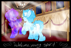 Size: 2539x1700 | Tagged: safe, artist:iroxykun, imported from derpibooru, oc, oc only, oc:firelight, oc:ghost host, pony, unicorn, art gallery, cutie mark, horn, indoors, male, text, theater