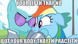 Size: 2560x1440 | Tagged: safe, imported from derpibooru, screencap, fleetfoot, rainbow dash, pony, totally legit recap, rainbow falls, glasses, image macro, lisp, meme, warmup suit