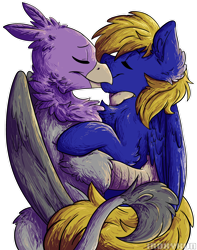 Size: 1892x2397 | Tagged: safe, artist:iroxykun, imported from derpibooru, oc, oc only, oc:cloud quake, oc:gent, griffon, pegasus, pony, beak, couple, eyes closed, feather, gay, interspecies, kissing, love, male, oc x oc, shipping, simple background, talons, transparent background, wings