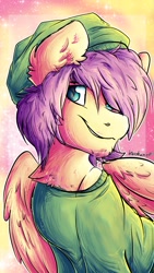 Size: 720x1280 | Tagged: safe, artist:iroxykun, imported from derpibooru, fluttershy, pegasus, pony, alternate hairstyle, alternate universe, beanie, butterscotch, chest hair, clothes, facial hair, hat, male, off shoulder, rule 63, solo, stallion, sweater, sweatershy, wings