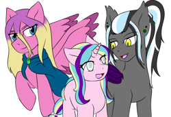 Size: 3800x2600 | Tagged: safe, artist:jolliapplegirl, imported from derpibooru, princess skyla, oc, oc:north wind, bat pony, pegasus, pony, unicorn, blind, female, male, mare, next generation, offspring, parent:princess cadance, parent:shining armor, parent:unnamed oc, parents:shiningcadance, simple background, stallion, story included, vulgar description, white background