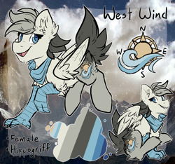 Size: 2091x1960 | Tagged: safe, artist:iroxykun, imported from derpibooru, oc, oc only, oc:west wind, hippogriff, bandana, cutie mark, female, palette, reference sheet, solo, text, wings