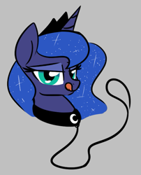 Size: 525x650 | Tagged: safe, artist:masserey, imported from derpibooru, princess luna, alicorn, pony, bedroom eyes, bust, collar, crown, female, gray background, jewelry, leash, licking, licking lips, looking at you, pet play, peytral, regalia, simple background, solo, tongue out