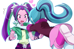 Size: 2550x1675 | Tagged: safe, artist:ryuu, imported from derpibooru, aria blaze, sonata dusk, equestria girls, arisona, belt, blushing, boots, clothes, cute, female, glomp, heart, lesbian, outline, pigtails, ponytail, shipping, shoes, simple background, skirt, skirt lift, strategically covered, twintails, upskirt denied, white background