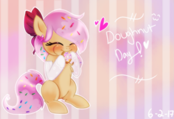 Size: 1055x720 | Tagged: safe, artist:starchasesketches, imported from derpibooru, oc, oc only, oc:doughnutsprinkles, earth pony, pony, blushing, cute, donut, donut day, ear piercing, earring, eating, food, jewelry, mouth hold, nom, piercing, ribbon, solo, sprinkles