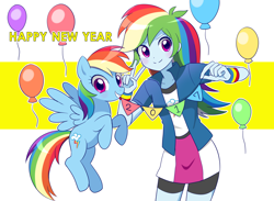 Size: 1950x1425 | Tagged: safe, artist:ryuu, imported from derpibooru, rainbow dash, pony, equestria girls, balloon, blushing, clothes, compression shorts, cute, dashabetes, duality, happy new year 2017, human ponidox, looking at you, moe, new year, self ponidox, skirt