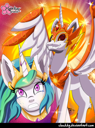 Size: 742x1000 | Tagged: safe, artist:clouddg, imported from derpibooru, daybreaker, princess celestia, alicorn, pony, a royal problem, crown, crying, duality, duo, fangs, female, helmet, mare, regalia