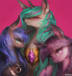 Size: 944x1000 | Tagged: safe, artist:girlsay, imported from derpibooru, princess celestia, princess luna, twilight sparkle, alicorn, pony, female, looking at you, mare, missing accessory, patreon, patreon logo, royal sisters, simple background, smiling, starry eyes, trio, twilight sparkle (alicorn), wingding eyes