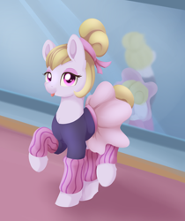 Size: 998x1187 | Tagged: safe, artist:dusthiel, imported from derpibooru, hoofer steps, earth pony, pony, on your marks, ballerina, ballet, butt, clothes, female, leg warmers, looking at you, mare, mirror, plot, raised hoof, raised leg, smiling, solo, tongue out, tutu