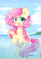 Size: 1084x1545 | Tagged: safe, artist:windymils, imported from derpibooru, fluttershy, pegasus, pony, beach, beach ball, blushing, cute, female, folded wings, looking at you, mare, open mouth, ribbon, shyabetes, solo, swimming, water