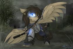 Size: 1280x853 | Tagged: safe, artist:flysouldragon, artist:sinrinf, imported from derpibooru, oc, oc only, oc:sinrin linx, oc:sinrinlinx, cyborg, pegasus, pony, amputee, post-apocalyptic, prosthetic limb, prosthetics, solo, wasteland, weapon