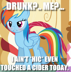 Size: 530x542 | Tagged: safe, imported from derpibooru, rainbow dash, pony, 28 pranks later, bedroom eyes, blatant lies, blushing, drunk, drunker dash, image macro, meme