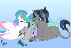 Size: 1024x693 | Tagged: safe, artist:colourstrike, imported from derpibooru, king sombra, princess celestia, oc, oc:light breeze, alicorn, pony, alicorn oc, blank flank, celestibra, colored ears, colored hooves, colored wings, colored wingtips, commission, daddy sombra, family, father and child, father and daughter, female, filly, good king sombra, happy family, horn, leonine tail, lidded eyes, male, momlestia, mother and child, mother and daughter, nuzzling, offspring, parent:king sombra, parent:princess celestia, parents:celestibra, shipping, smiling, straight, unshorn fetlocks, wings