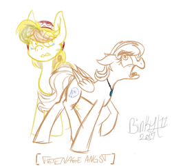 Size: 1494x1441 | Tagged: safe, artist:binkyt11, derpibooru exclusive, imported from derpibooru, daring do, oc, pegasus, pony, alternate hairstyle, angry, angst, crying, descriptive noise, eyebrows, female, gem, jewelry, lip bite, mare, medibang paint, mother and daughter, necklace, parent:daring do, sad, signature, simple background, sketch, teenager, turquoise, turquoise (gemstone), white background