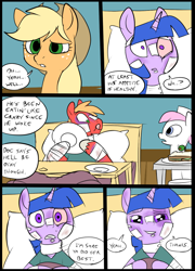 Size: 696x965 | Tagged: safe, artist:metal-kitty, imported from derpibooru, applejack, big macintosh, nurse redheart, twilight sparkle, pony, comic:mlp project, bandage, bed, blanket, comic, eating, female, food, happy, hat, hospital, male, pain, pillow, plate, sandwich, shipping, simple background, straight, twimac, window