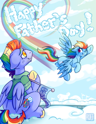 Size: 875x1125 | Tagged: safe, artist:ruef, imported from derpibooru, bow hothoof, rainbow dash, pony, cheek fluff, crying, cute, duo, father and daughter, father's day, female, flying, heart, male, mare, multicolored hair, pennant, smiling, stallion, tears of joy, wholesome