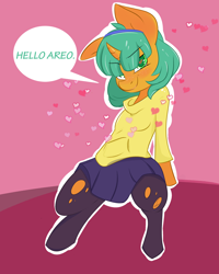 Size: 1280x1600 | Tagged: safe, artist:sketchbox, imported from derpibooru, snails, pony, aeroshell, alternate hairstyle, bipedal, canon x oc, clothes, crossdressing, cute, glitter shell, hairband, headband, heart, hoodie, implied gay, looking at you, male, offscreen character, ripped stockings, shipping, skirt, smiling, smirk, solo, speech bubble, stockings, sweater, thigh highs, trap