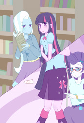 Size: 2370x3444 | Tagged: safe, artist:yuck, imported from derpibooru, rarity, trixie, twilight sparkle, equestria girls, :t, book, colored pupils, female, glasses, lesbian, library, measuring tape, rarilight, rarity's glasses, shipping, twixie
