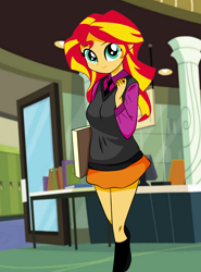 Size: 1816x2456 | Tagged: safe, artist:philelmago, imported from derpibooru, sunset shimmer, equestria girls, canterlot high, clothes, cute, female, legs, library, moe, skirt, socks, solo, sweater vest