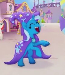 Size: 215x250 | Tagged: safe, imported from derpibooru, screencap, dawn sunrays, trixie, earth pony, pony, unicorn, my little pony: the movie, background pony, bipedal, canterlot, cape, clothes, cropped, cute, diatrixes, eyes closed, female, happy, hat, mare, offscreen character, rearing, trixie's cape, trixie's hat
