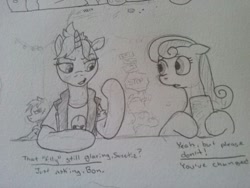 Size: 800x600 | Tagged: safe, artist:pony quarantine, imported from derpibooru, bon bon, lyra heartstrings, earth pony, pony, semi-anthro, unicorn, 4chan, alternate hairstyle, biker, clothes, cup, dialogue, drawthread, ear piercing, earring, hoof hold, jewelry, monochrome, piercing, scar, shirt, traditional art