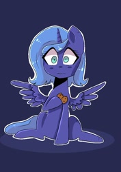 Size: 723x1023 | Tagged: safe, artist:lunawoonanight, imported from derpibooru, princess luna, pony, blushing, cookie, female, filly, food, looking at you, shrunken pupils, sitting, solo, spread wings, wide eyes, wings, woona, younger