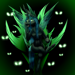 Size: 2000x2000 | Tagged: dead source, safe, artist:hicheeras, imported from derpibooru, queen chrysalis, changeling, changeling queen, crossed legs, female, glowing eyes, open mouth, sitting, smiling, solo focus, throne, throne slouch