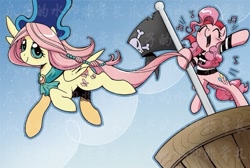 Size: 709x477 | Tagged: safe, artist:yukandasama, imported from derpibooru, fluttershy, pinkie pie, pony, eyes closed, hat, jolly roger, pirate, singing