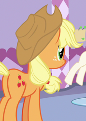 Size: 422x593 | Tagged: safe, imported from derpibooru, screencap, applejack, earth pony, pony, honest apple, butt, cropped, female, freckles, mare, plot, smiling, solo