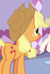 Size: 402x595 | Tagged: safe, imported from derpibooru, screencap, applejack, earth pony, pony, honest apple, butt, cropped, female, freckles, mare, plot, solo