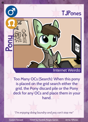 Size: 788x1088 | Tagged: safe, artist:tjpones, imported from derpibooru, oc, oc only, oc:brownie bun, oc:richard, oc:tjpones, earth pony, human, pony, twilight sparkle's secret shipfic folder, card, chest fluff, clothes, computer, ear fluff, female, graphics tablet, male, mare, mouth hold, ponysona, poster, solo, stallion