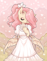 Size: 2150x2790 | Tagged: safe, artist:misukitty, imported from derpibooru, fluttershy, anthro, alternate hairstyle, bandaid, bruised, clothes, dress, eyes closed, female, injured, ponytail, solo