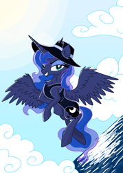 Size: 3445x4823 | Tagged: safe, alternate version, artist:darkest-lunar-flower, imported from derpibooru, princess luna, alicorn, pony, absurd resolution, clothes, cloud, female, flying, grin, hat, looking at you, one-piece swimsuit, sky, smiling, solo, sun, swimsuit