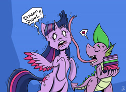 Size: 3875x2842 | Tagged: safe, artist:dinodraketakethecake, imported from derpibooru, lucy packard, spike, twilight sparkle, alicorn, dragon, pony, behaving like a dog, colored wings, colored wingtips, duo, grossed out, heart, licking, long tongue, peanuts (comic), rearing, snoopy, tongue out, towel, twilight sparkle (alicorn), wide eyes