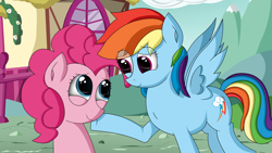 Size: 3264x1836 | Tagged: safe, artist:zsparkonequus, imported from derpibooru, pinkie pie, rainbow dash, pony, female, lesbian, looking at each other, pinkiedash, shipping