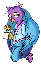 Size: 1248x2003 | Tagged: safe, artist:themodpony, imported from derpibooru, oc, oc only, oc:gyro feather, oc:gyro tech, griffon, bathrobe, clothes, coffee, commission, griffonized, robe, simple background, sleepy, solo, species swap, transparent background