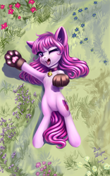 Size: 2400x3840 | Tagged: safe, artist:roadsleadme, imported from derpibooru, oc, oc only, oc:share dast, pony, behaving like a cat, bell, bell collar, cat ears, cat paws, chest fluff, collar, cute, fangs, flower, grass, looking at you, lying down, on back, one eye closed, open mouth, paw pads, solo, wink