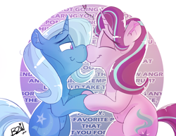 Size: 1600x1233 | Tagged: safe, artist:bow2yourwaifu, imported from derpibooru, starlight glimmer, trixie, pony, unicorn, bipedal, boop, female, holding, hug, lesbian, love, mare, meme, noseboop, nuzzling, otp, shipping, startrix