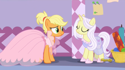 Size: 1365x765 | Tagged: safe, imported from derpibooru, screencap, applejack, lily lace, pony, honest apple, alternate hairstyle, applejack also dresses in style, clothes, discovery family logo, dress, female, mare, smiling, solo