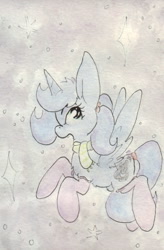 Size: 683x1040 | Tagged: safe, artist:slightlyshade, imported from derpibooru, princess luna, pony, clothes, female, flying, scarf, snow, socks, solo