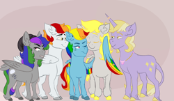 Size: 3800x2200 | Tagged: safe, artist:lxxjunebugxxl, imported from derpibooru, derpy hooves, dinky hooves, rainbow dash, oc, oc:cirrus cloud, oc:cloudburst, pegasus, pony, unicorn, derpydash, eyes closed, female, high res, lesbian, magical lesbian spawn, male, mare, offspring, older, one eye closed, parent:derpy hooves, parent:rainbow dash, parents:derpydash, shipping, stallion, wink