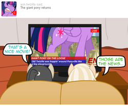 Size: 540x450 | Tagged: safe, artist:aha-mccoy, imported from derpibooru, twilight sparkle, oc, oc:jay aaron mclovin, oc:ross mclovin, alicorn, pony, nopony-ask-mclovin, ask, giant pony, macro, speech bubble, television, tumblr, twilight sparkle (alicorn)